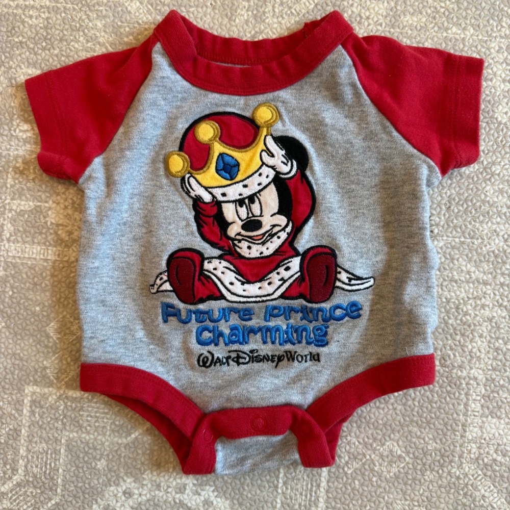 Disney Mickey Mouse Bodysuit Baby Newborn Gray‎ Red Future Prince Charming